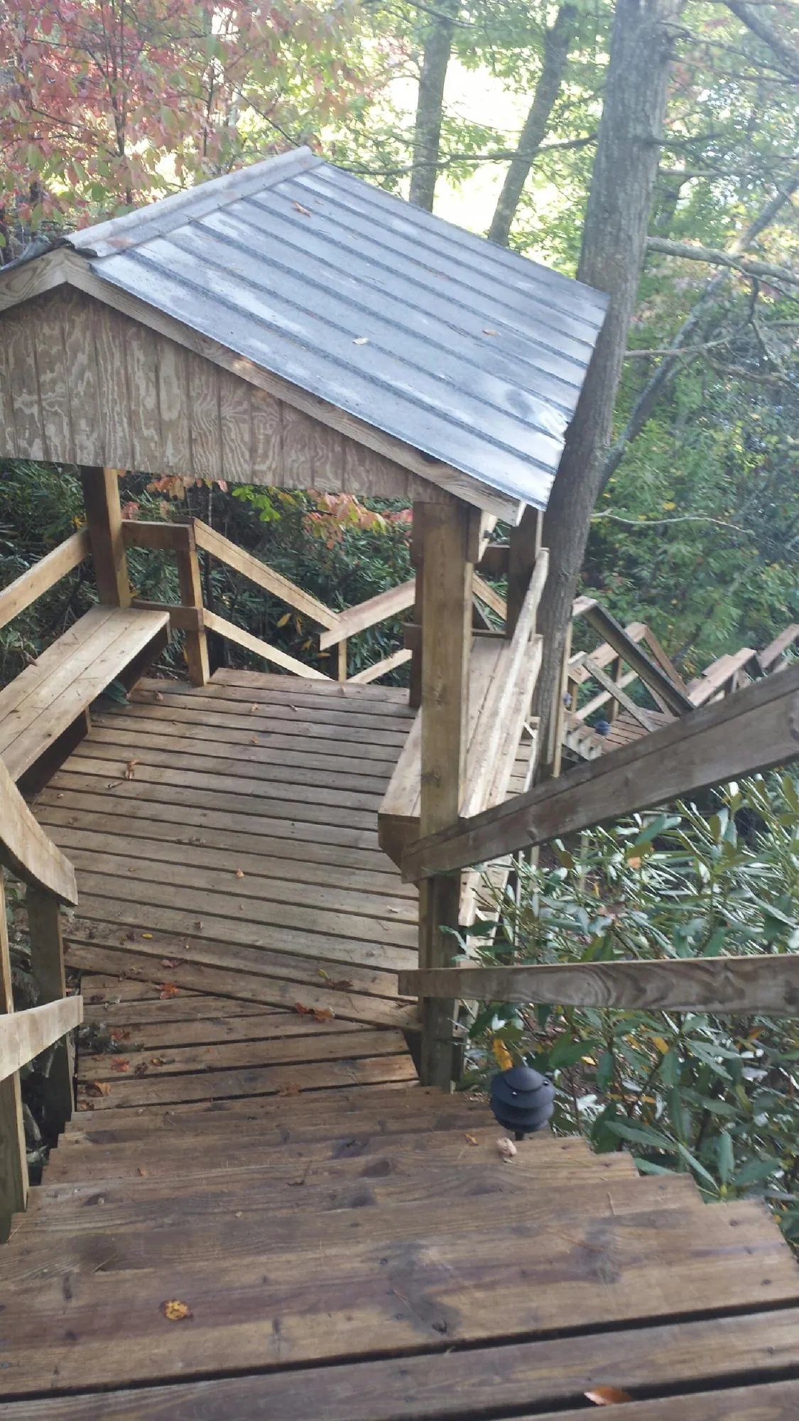 Metal roofed shelter over wooden steps on a wooded walkway — Skylight Repair & Installation work by our crew in Valdosta